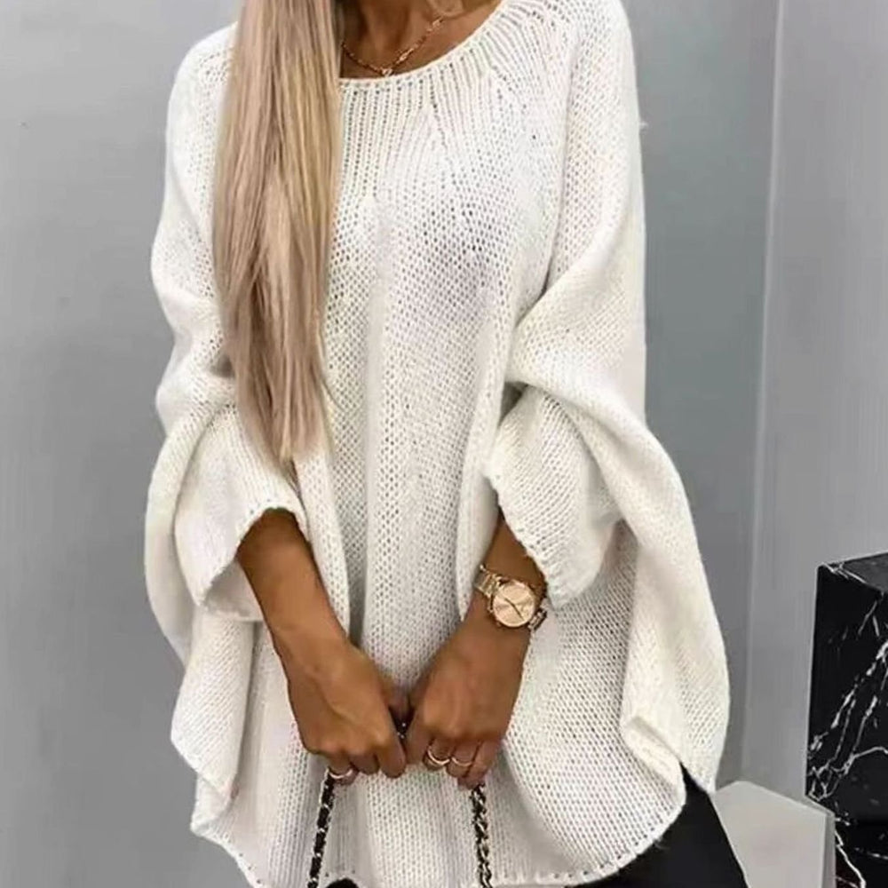 Women's Oversized Batwing-Sleeve Round-Neck Knitted Sweater - White
