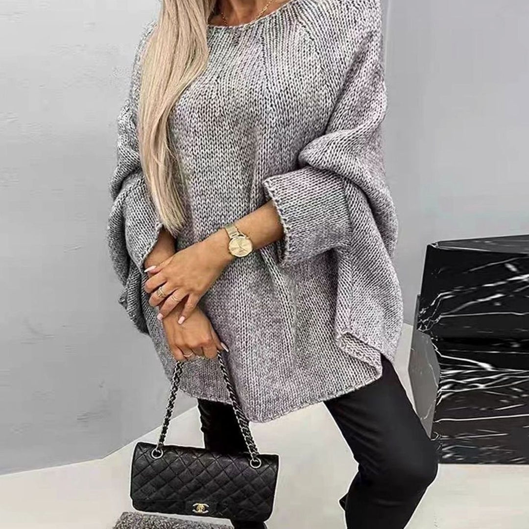 Women's Oversized Batwing-Sleeve Round-Neck Knitted Sweater - Light Grey