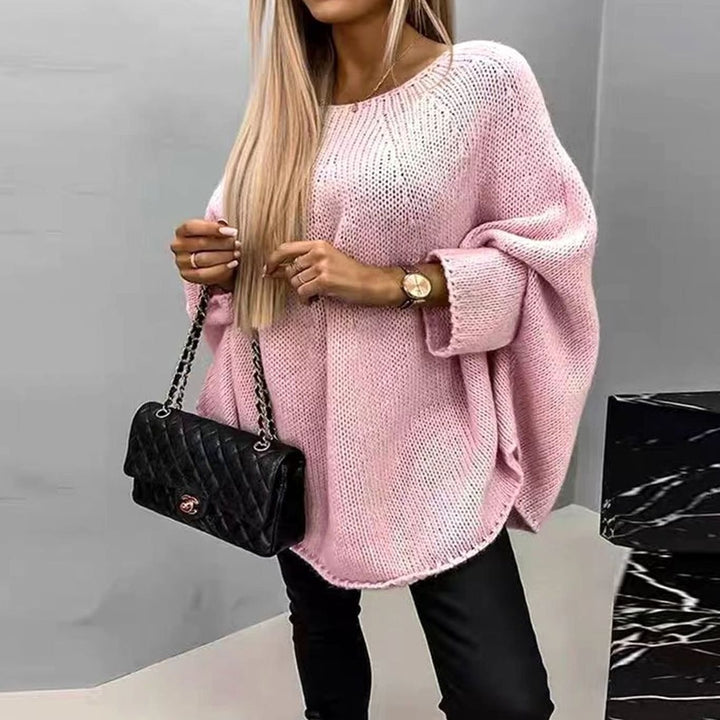 Women's Oversized Batwing-Sleeve Round-Neck Knitted Sweater - Pink