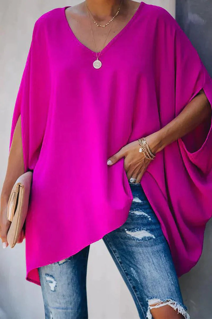Women's Oversized Batwing-Sleeve V-Neck Flowy Tunic Top - Rosa