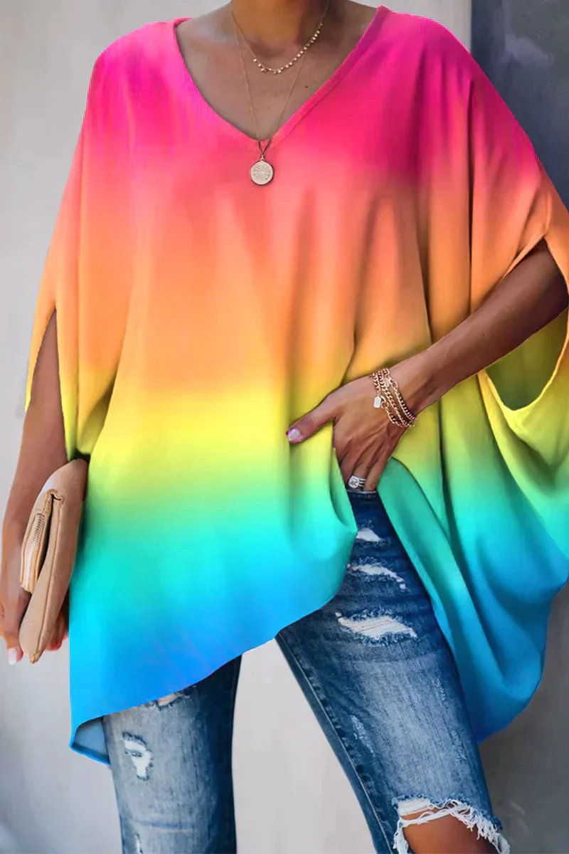 Women's Oversized Batwing-Sleeve V-Neck Flowy Tunic Top - Regenbogen