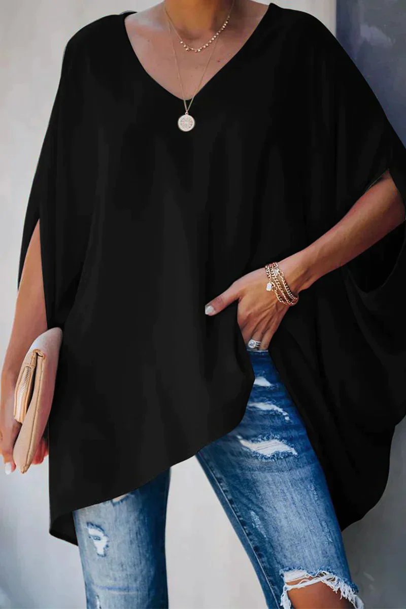 Women's Oversized Batwing-Sleeve V-Neck Flowy Tunic Top - Schwarz