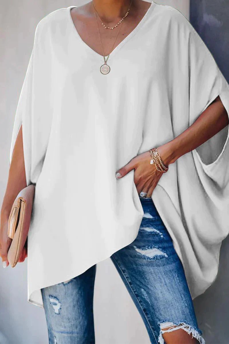 Women's Oversized Batwing-Sleeve V-Neck Flowy Tunic Top - Weiß