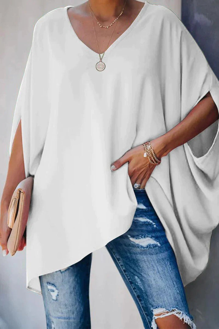 Women's Oversized Batwing-Sleeve V-Neck Flowy Tunic Top - Weiß