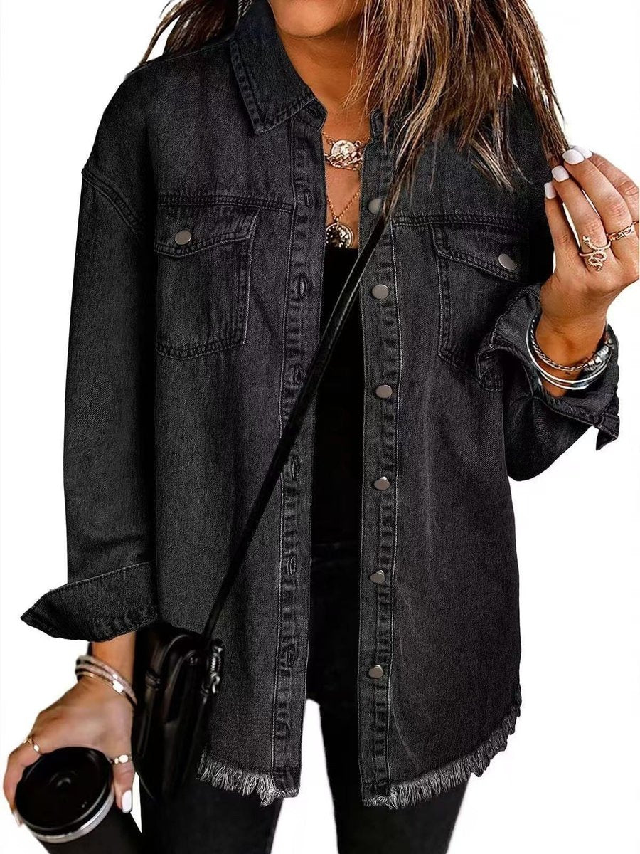 Women's Oversized Black Denim Jacket Frayed Hem Snap Button - Black