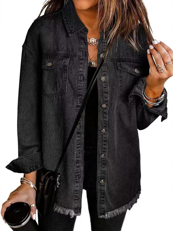Women's Oversized Black Denim Jacket Frayed Hem Snap Button - Black
