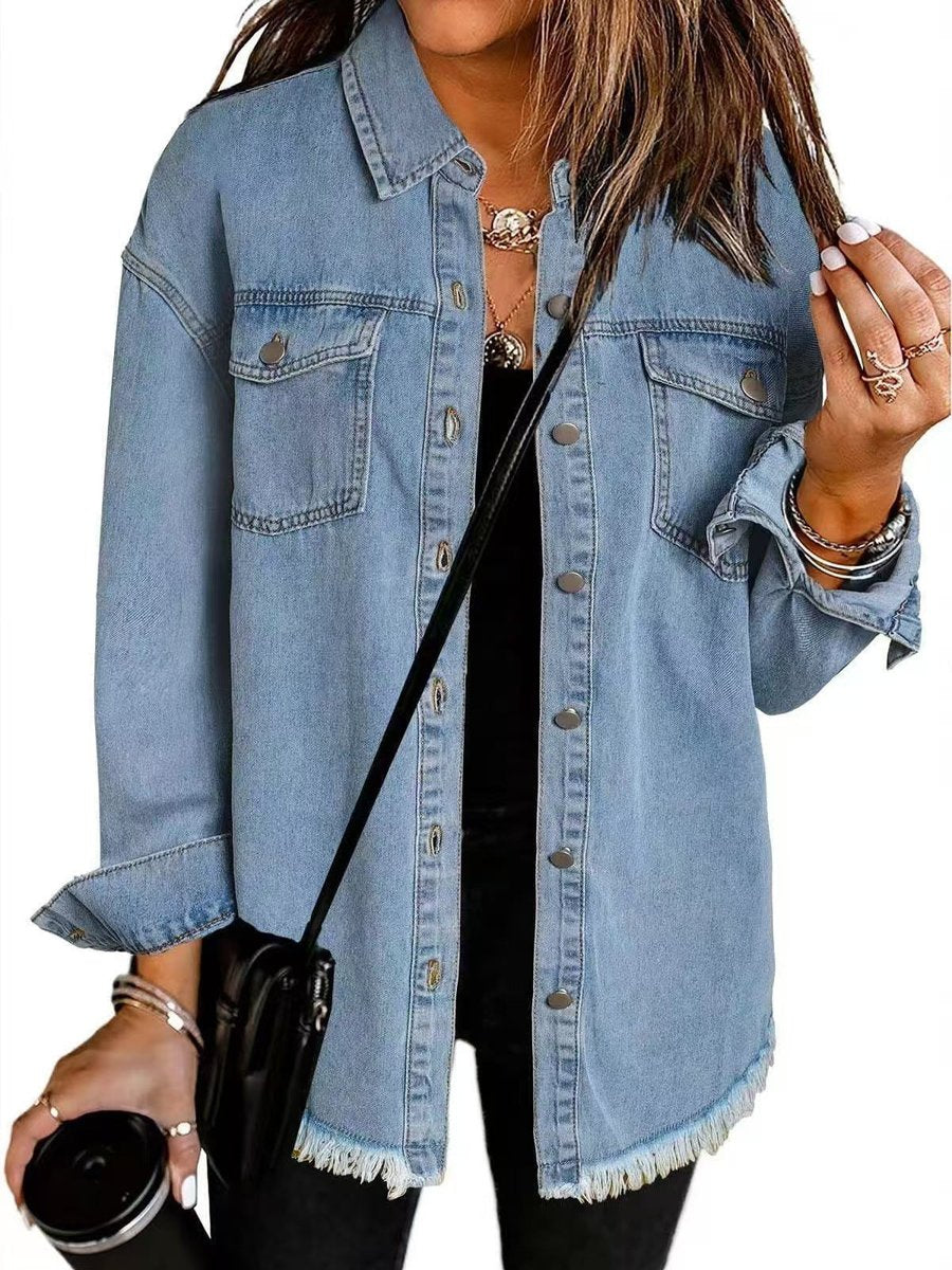 Women's Oversized Black Denim Jacket Frayed Hem Snap Button - Light Blue