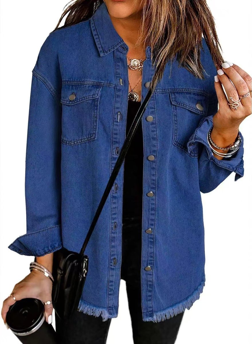 Women's Oversized Black Denim Jacket Frayed Hem Snap Button - Dark Blue