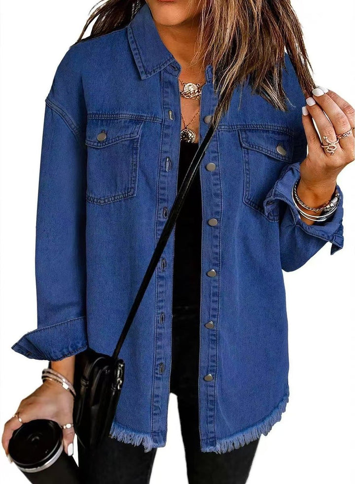Women's Oversized Black Denim Jacket Frayed Hem Snap Button - Dark Blue