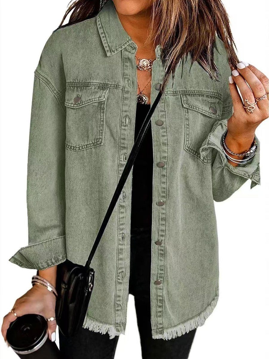 Women's Oversized Black Denim Jacket Frayed Hem Snap Button - Olive Green