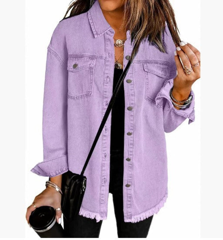 Women's Oversized Black Denim Jacket Frayed Hem Snap Button