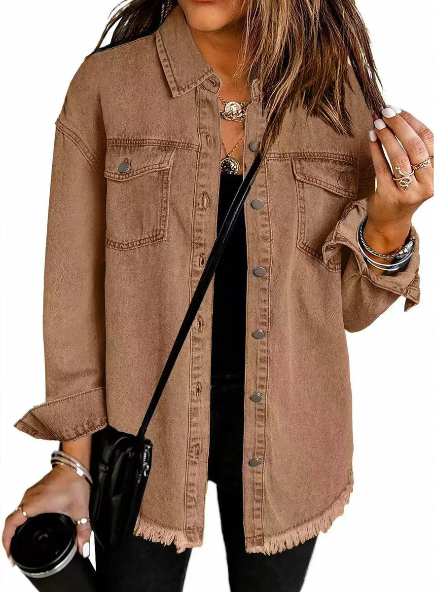 Women's Oversized Black Denim Jacket Frayed Hem Snap Button - Brown