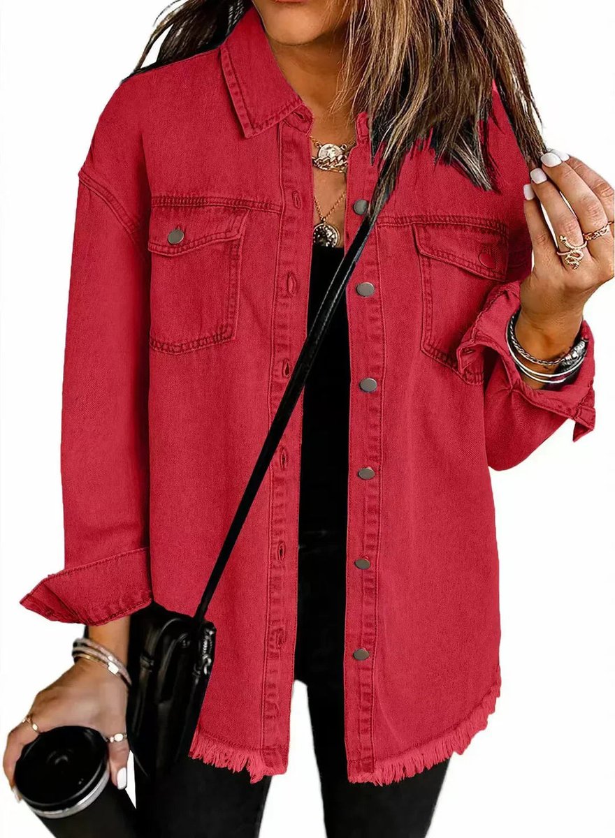 Women's Oversized Black Denim Jacket Frayed Hem Snap Button - Red