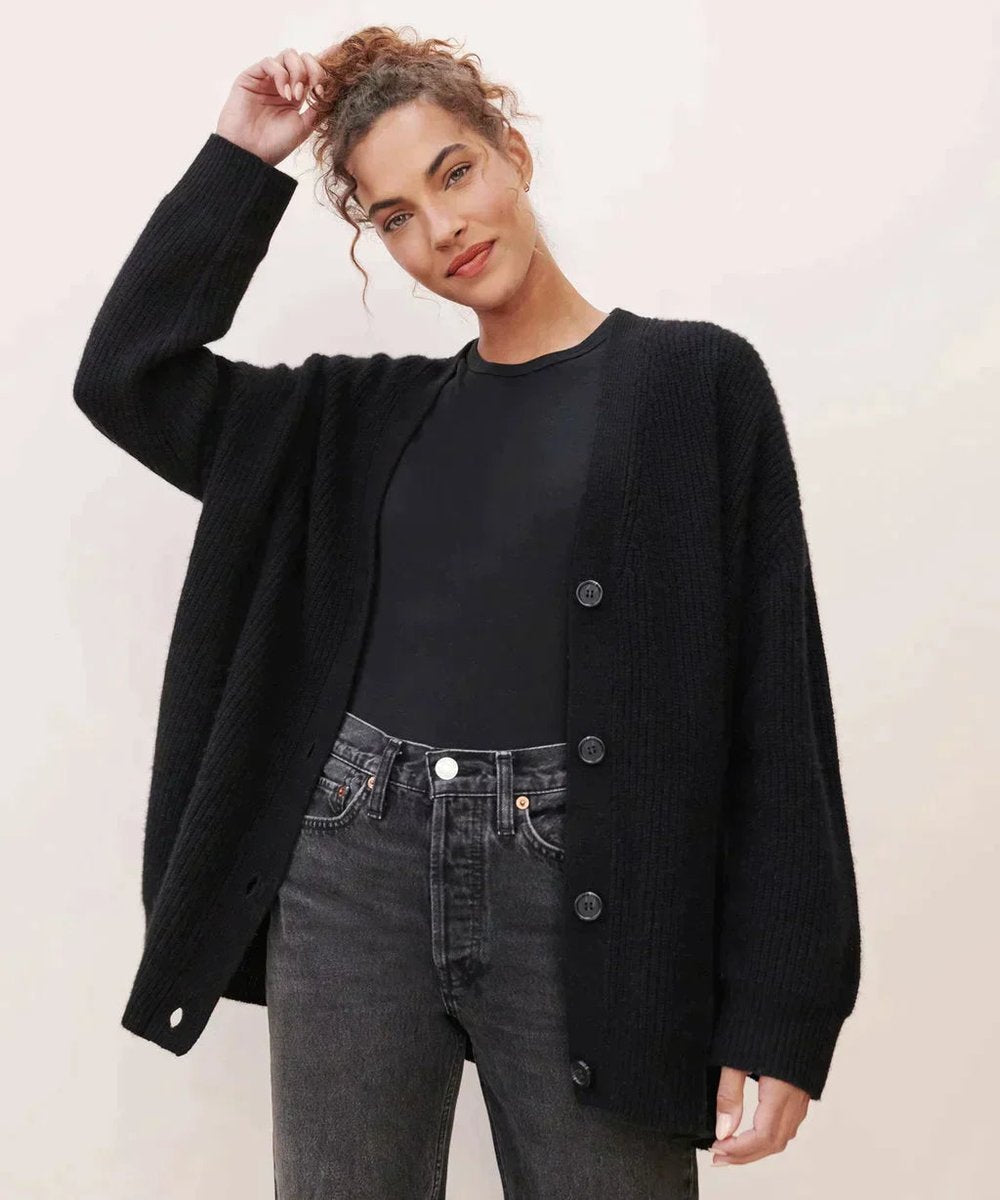 Women's Oversized Button-Front Cashmere Knit Cardigan - Black