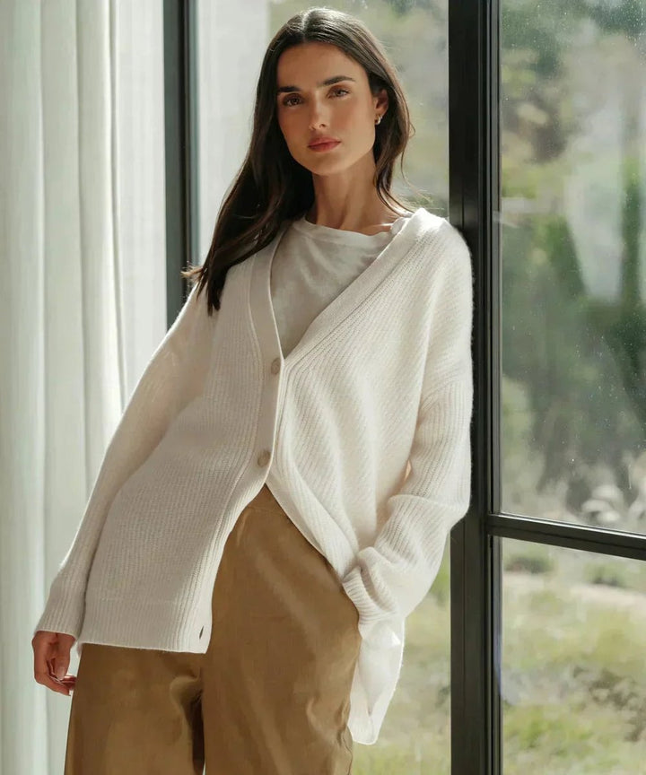 Women's Oversized Button-Front Cashmere Knit Cardigan - White