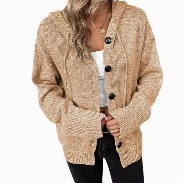 Women's Oversized Button-Front Hooded Cardigan Sweater - Khaki