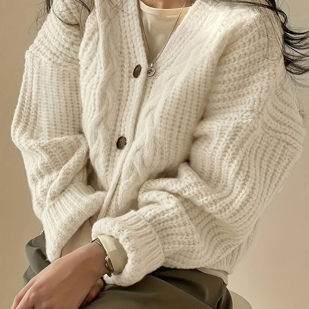 Women's Oversized Cable Knit Button-Front Cardigan - Apricot