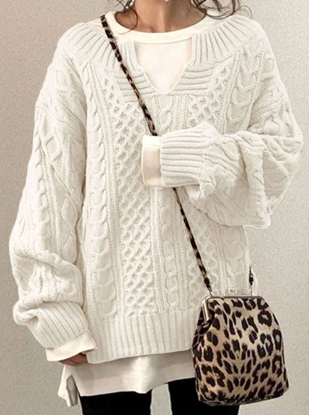 Women's Oversized Cable Knit Sweater V-Neck Layered Pullover - White