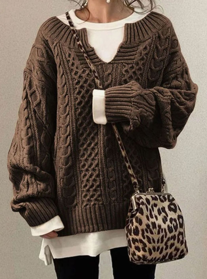 Women's Oversized Cable Knit Sweater V-Neck Layered Pullover - Brown