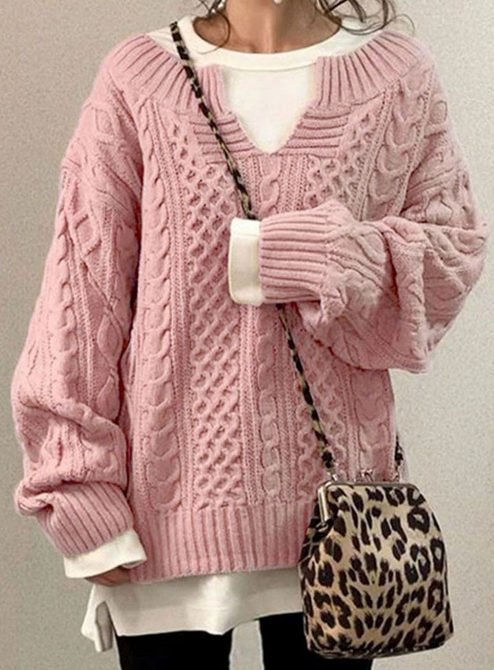 Women's Oversized Cable Knit Sweater V-Neck Layered Pullover - Pink