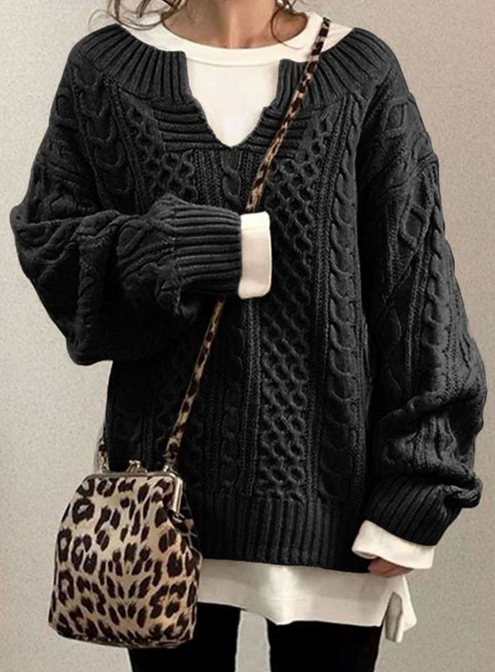 Women's Oversized Cable Knit Sweater V-Neck Layered Pullover - Black