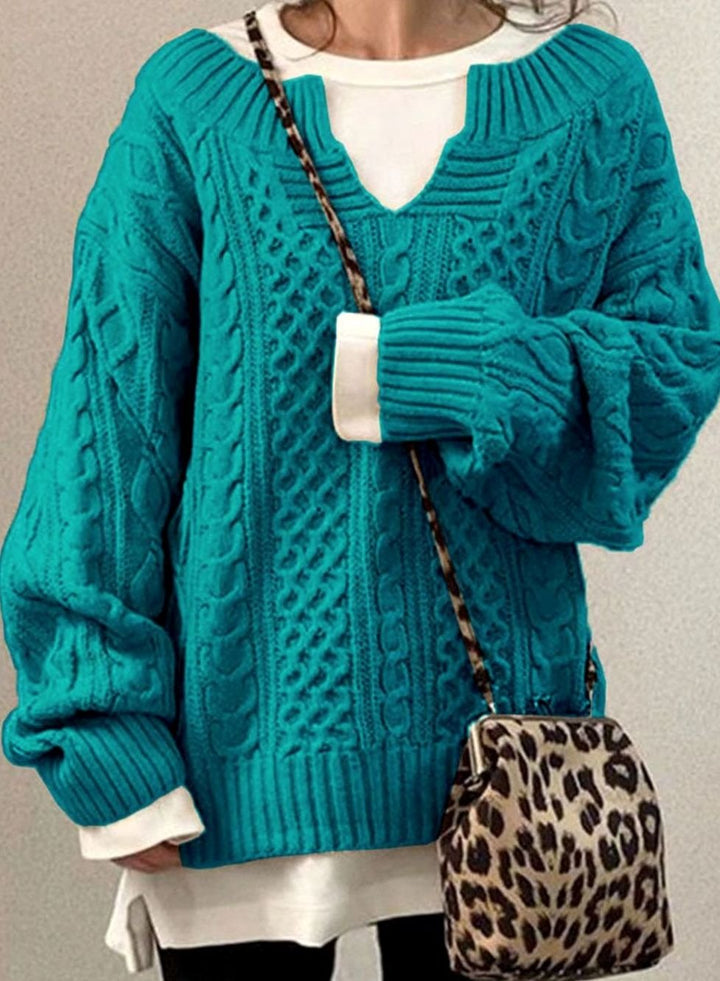 Women's Oversized Cable Knit Sweater V-Neck Layered Pullover - Blue