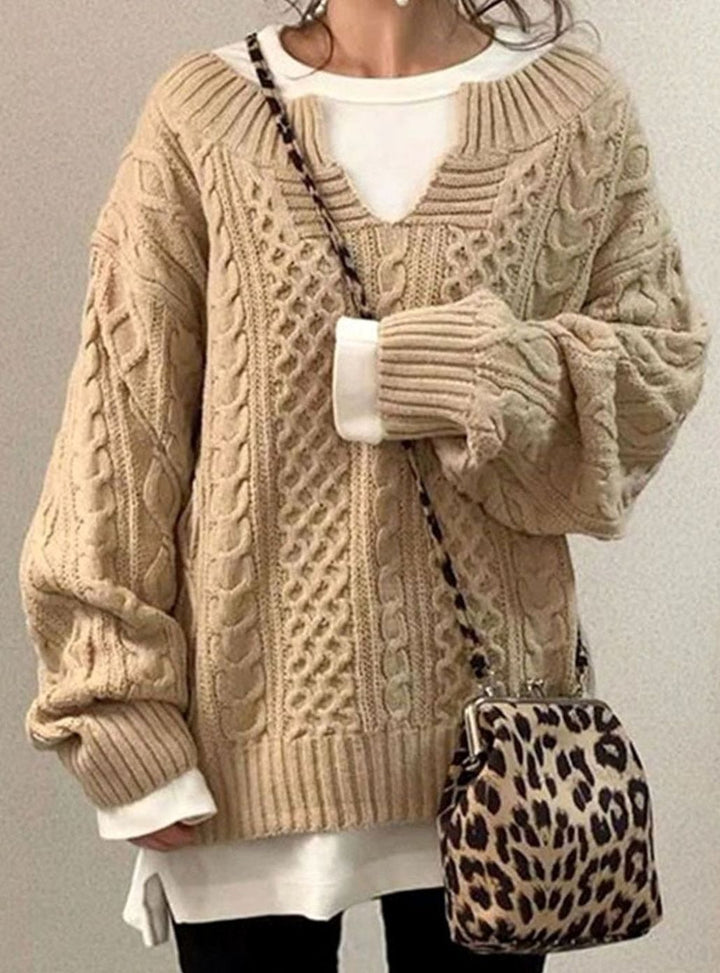 Women's Oversized Cable Knit Sweater V-Neck Layered Pullover - Beige