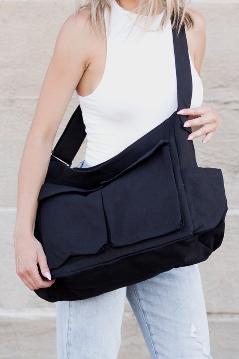 Women's Oversized Canvas Tote Bag Messenger Shoulder Bag - Schwarz