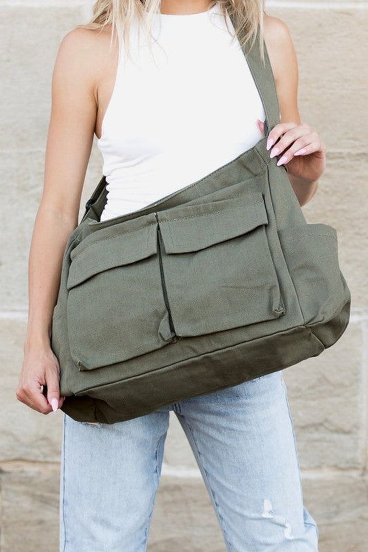 Women's Oversized Canvas Tote Bag Messenger Shoulder Bag - Olive