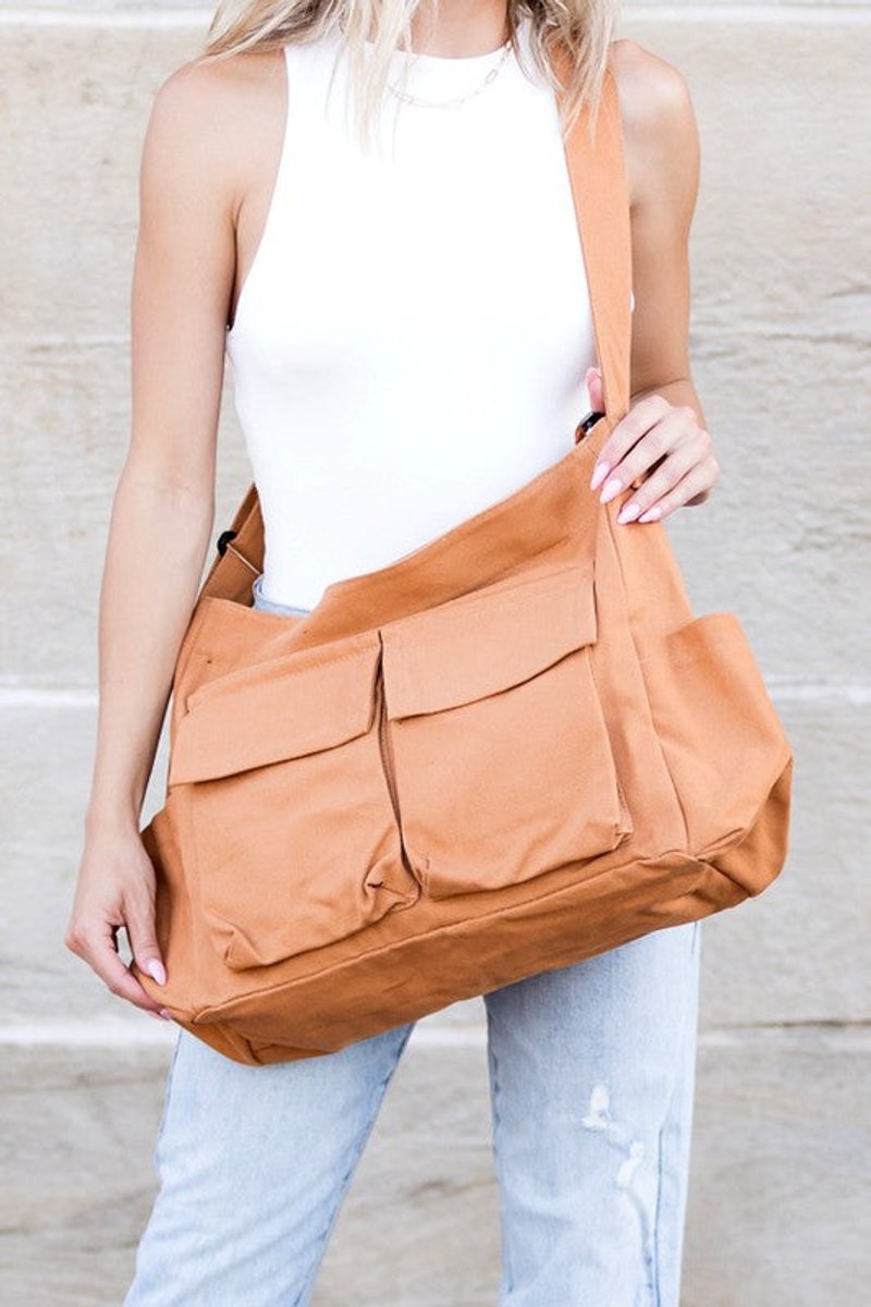 Women's Oversized Canvas Tote Bag Messenger Shoulder Bag - Kamel