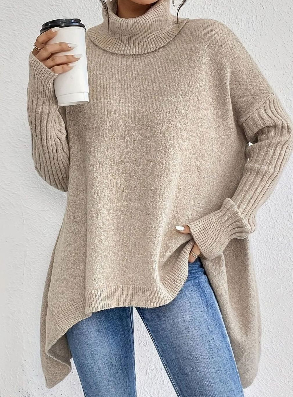 Women's Oversized Cashmere Turtleneck Knit Pullover Sweater - Apricot