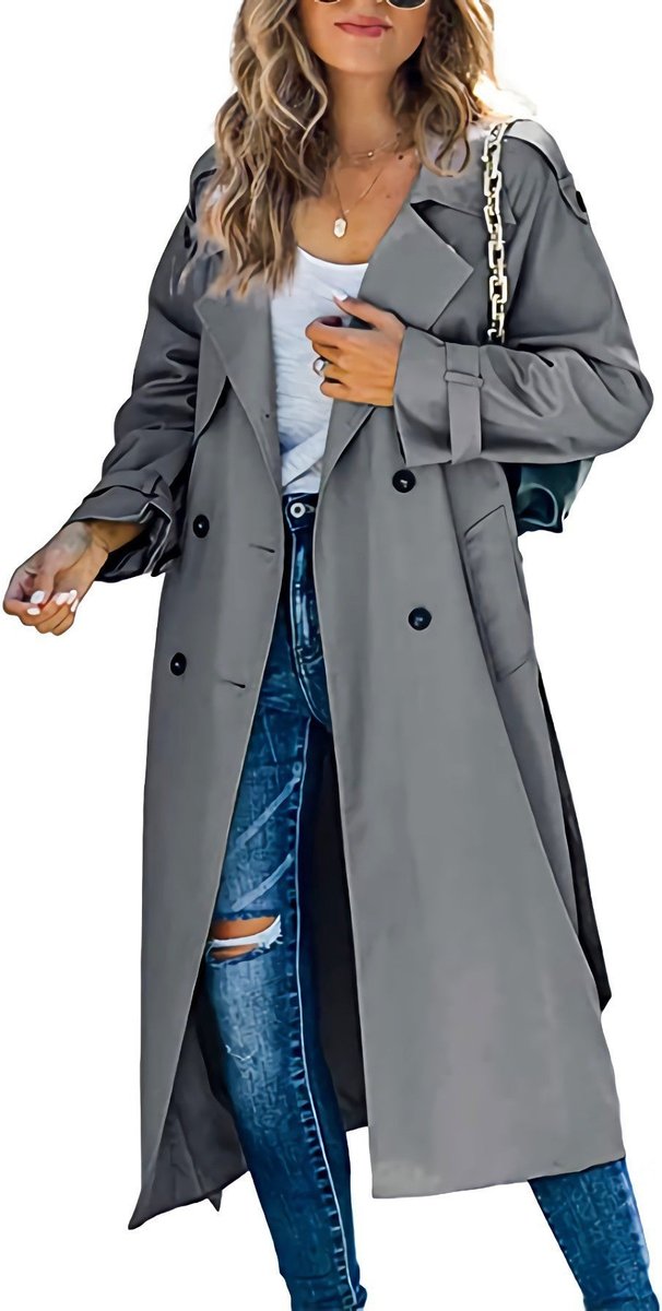 Women's Oversized Double-Breasted Belted Longline Trench Coat - Gray