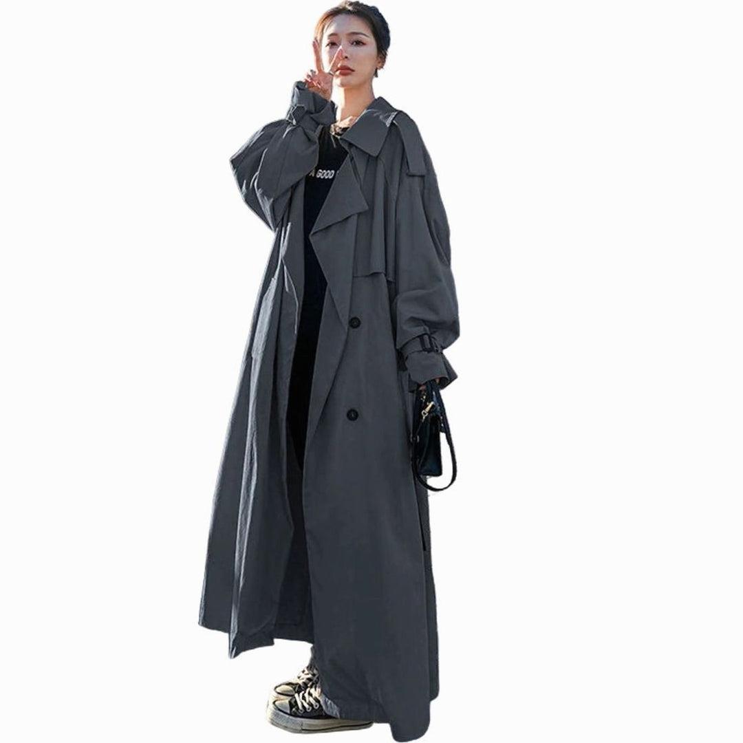 Women's Oversized Double-Breasted Long Loose-Fit Trench Coat - Gray