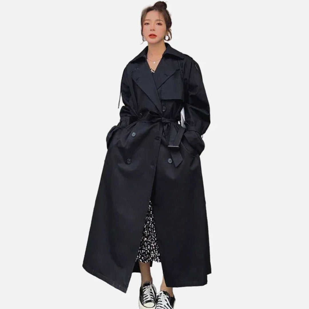 Women's Oversized Double-Breasted Long Loose-Fit Trench Coat - Black