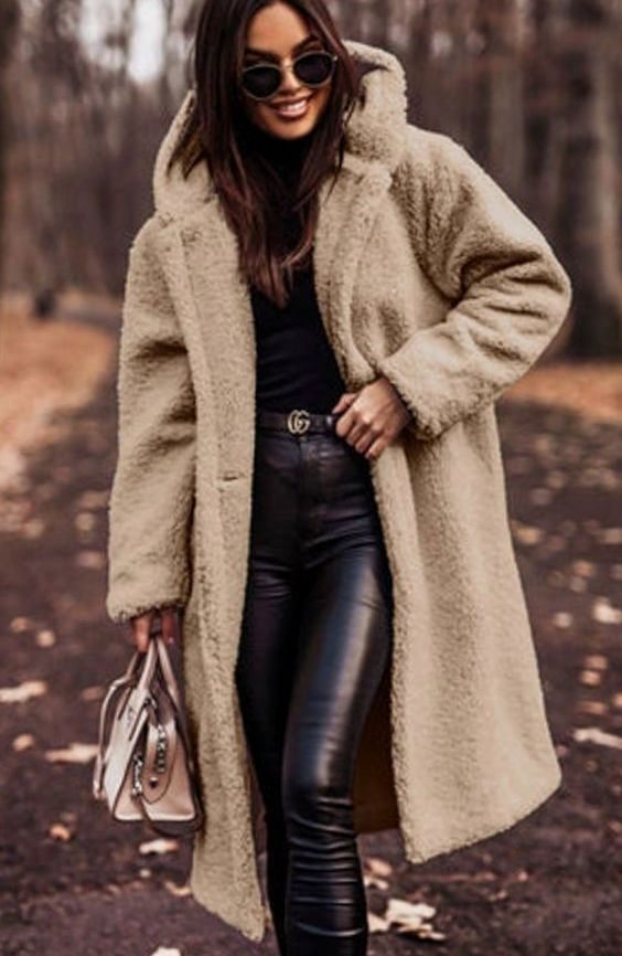 Women's Oversized Faux Fur Hooded Longline Winter Coat - Beige