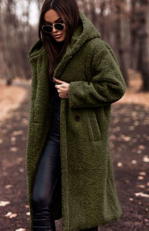 Women's Oversized Faux Fur Hooded Longline Winter Coat - Green