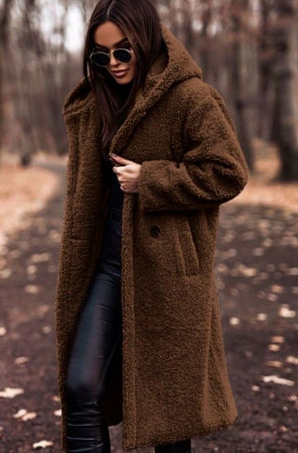 Women's Oversized Faux Fur Hooded Longline Winter Coat - Brown