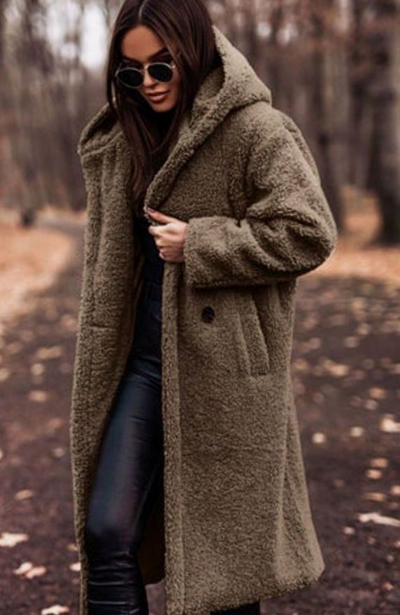 Women's Oversized Faux Fur Hooded Longline Winter Coat - Khaki