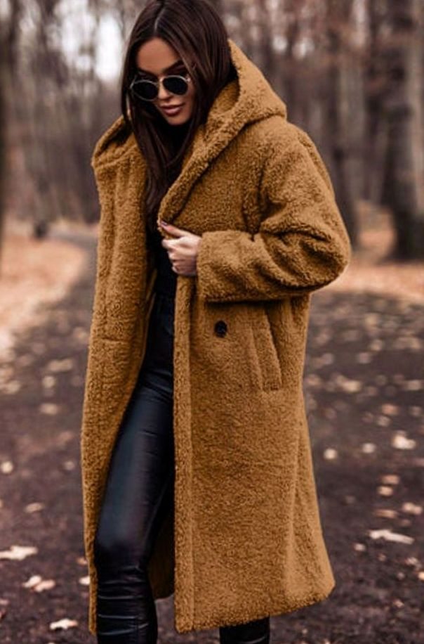 Women's Oversized Faux Fur Hooded Longline Winter Coat - Caramel