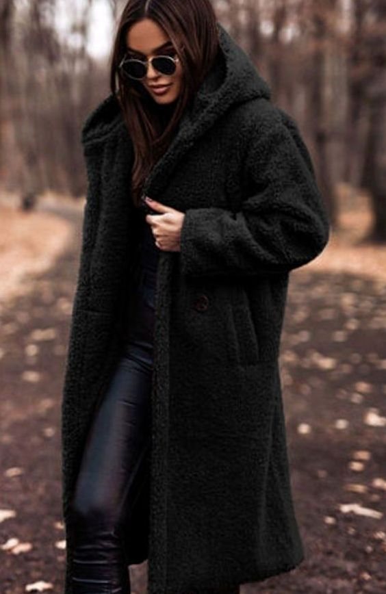 Women's Oversized Faux Fur Hooded Longline Winter Coat - Black