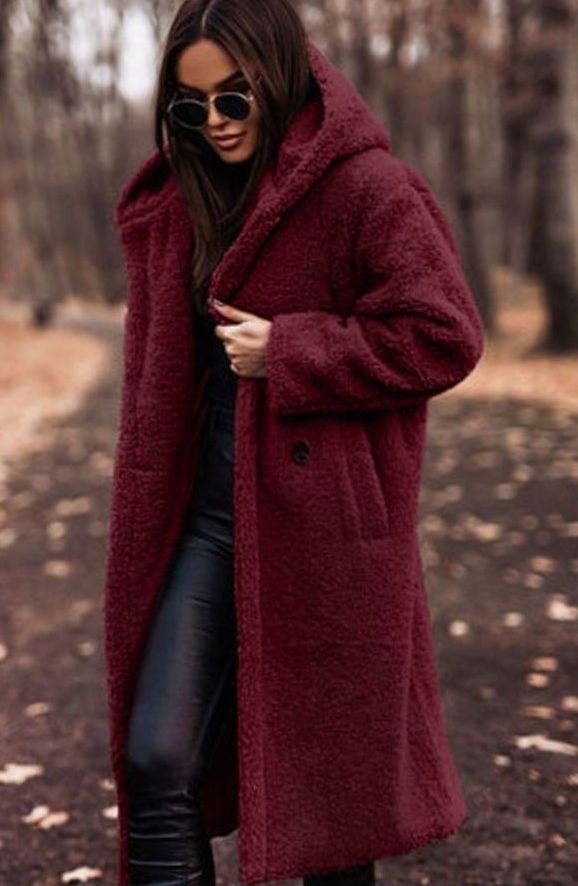 Women's Oversized Faux Fur Hooded Longline Winter Coat - Red