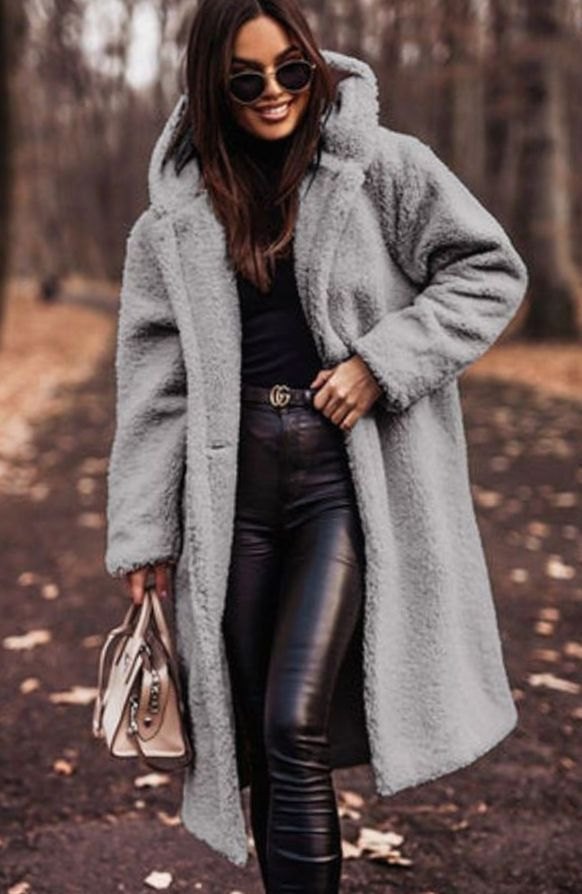Women's Oversized Faux Fur Hooded Longline Winter Coat - Gray