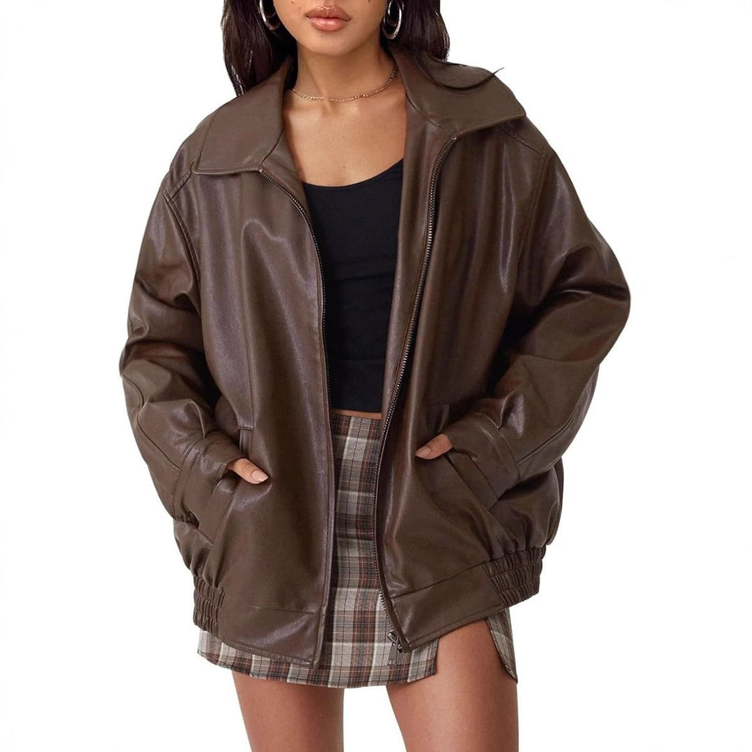 Women's Oversized Faux Leather Bomber Jacket Collared Zip-Up