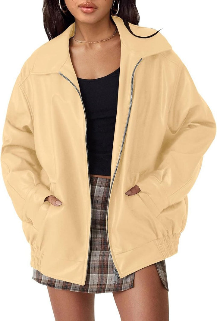 Women's Oversized Faux Leather Bomber Jacket Collared Zip-Up - Apricot