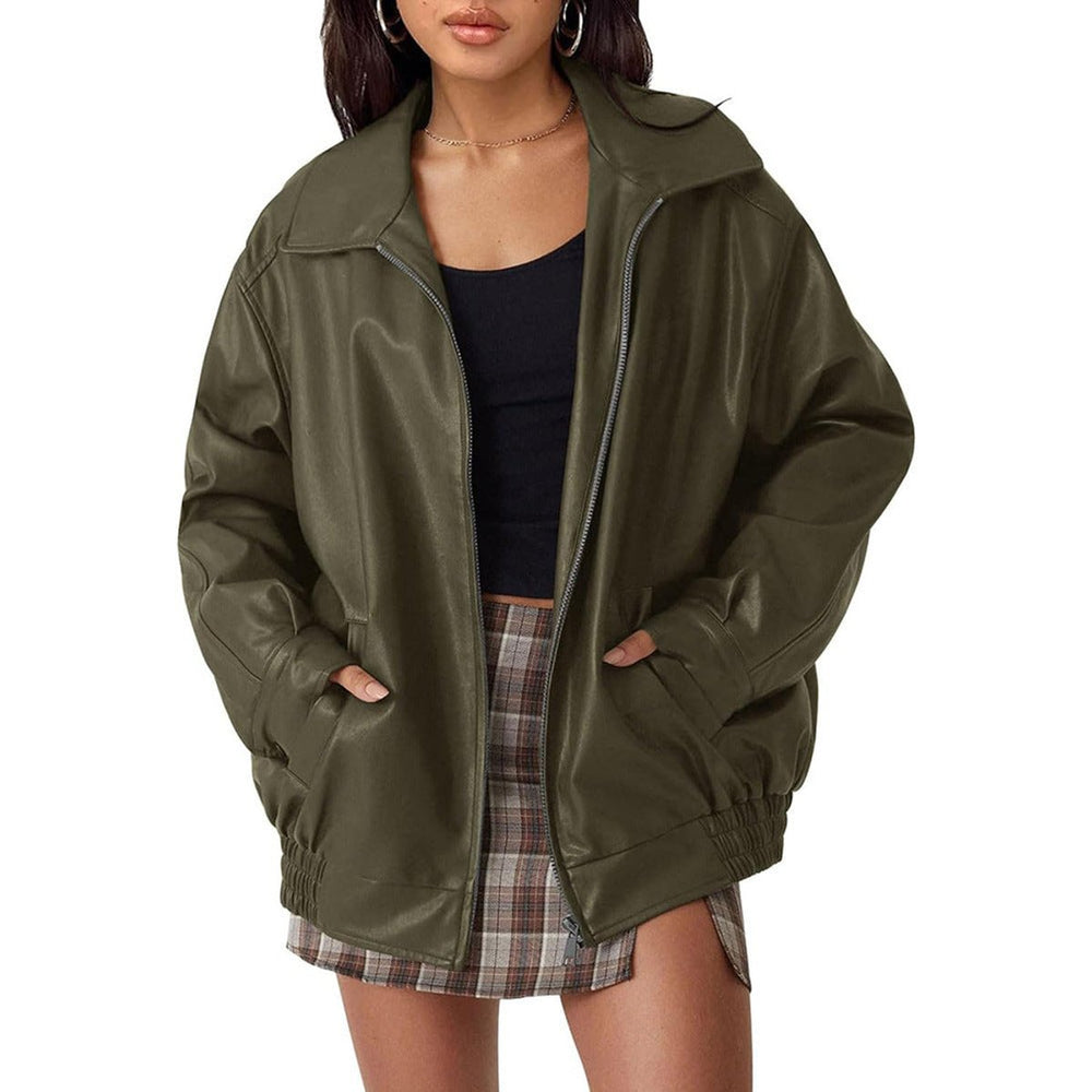 Women's Oversized Faux Leather Bomber Jacket Collared Zip-Up