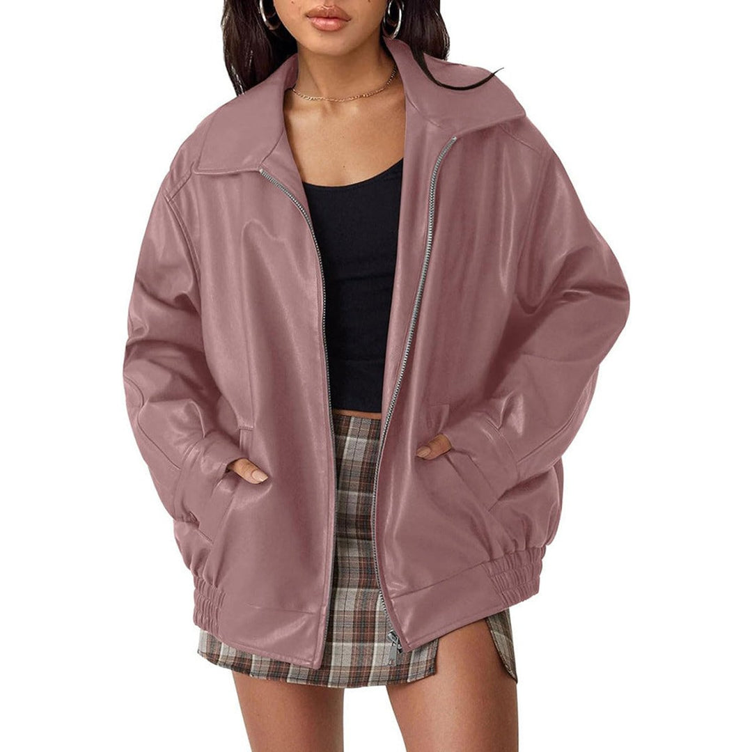 Women's Oversized Faux Leather Bomber Jacket Collared Zip-Up