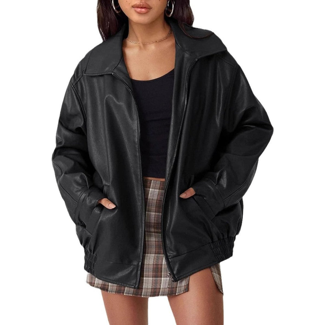 Women's Oversized Faux Leather Bomber Jacket Collared Zip-Up