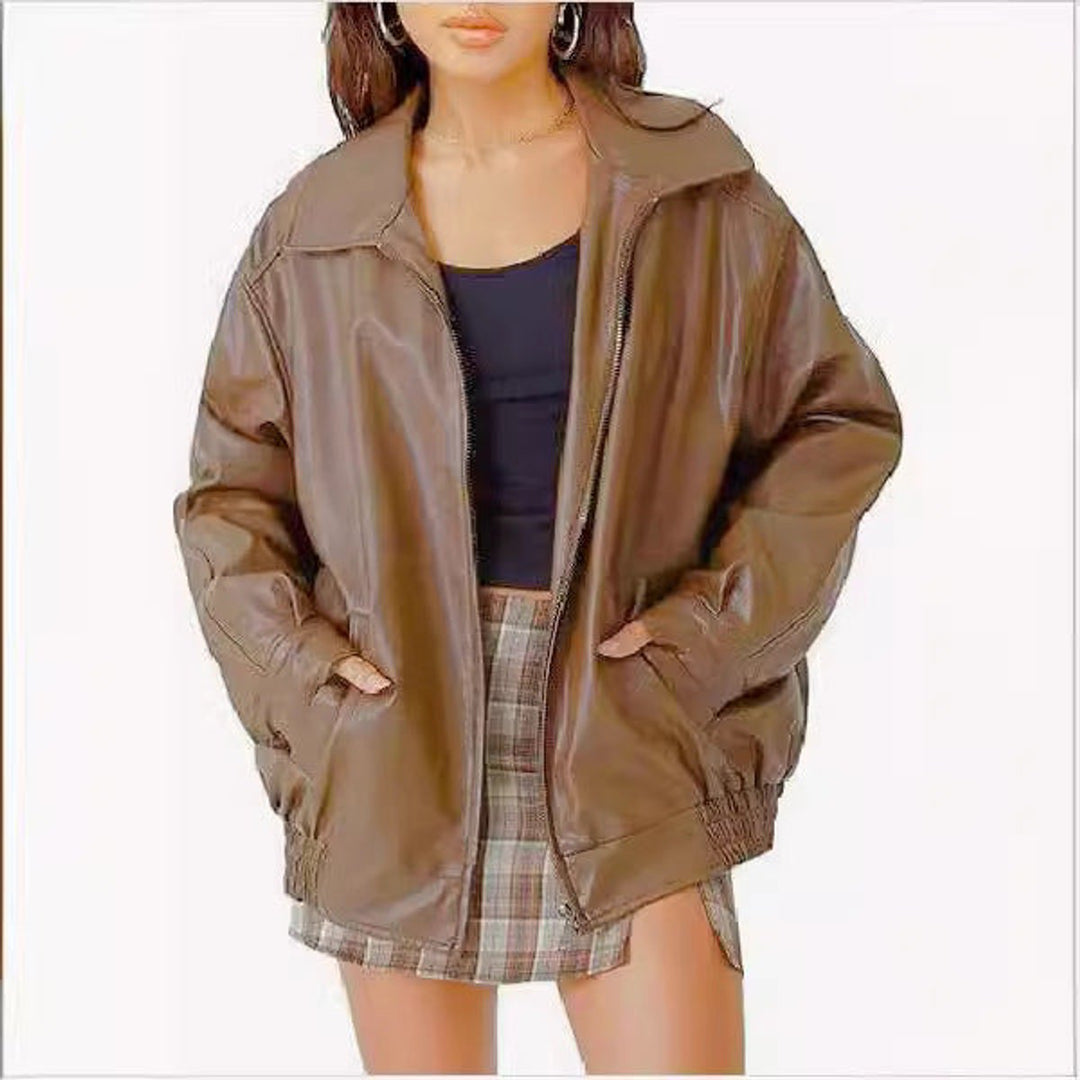 Women's Oversized Faux Leather Bomber Jacket Collared Zip-Up - Camel
