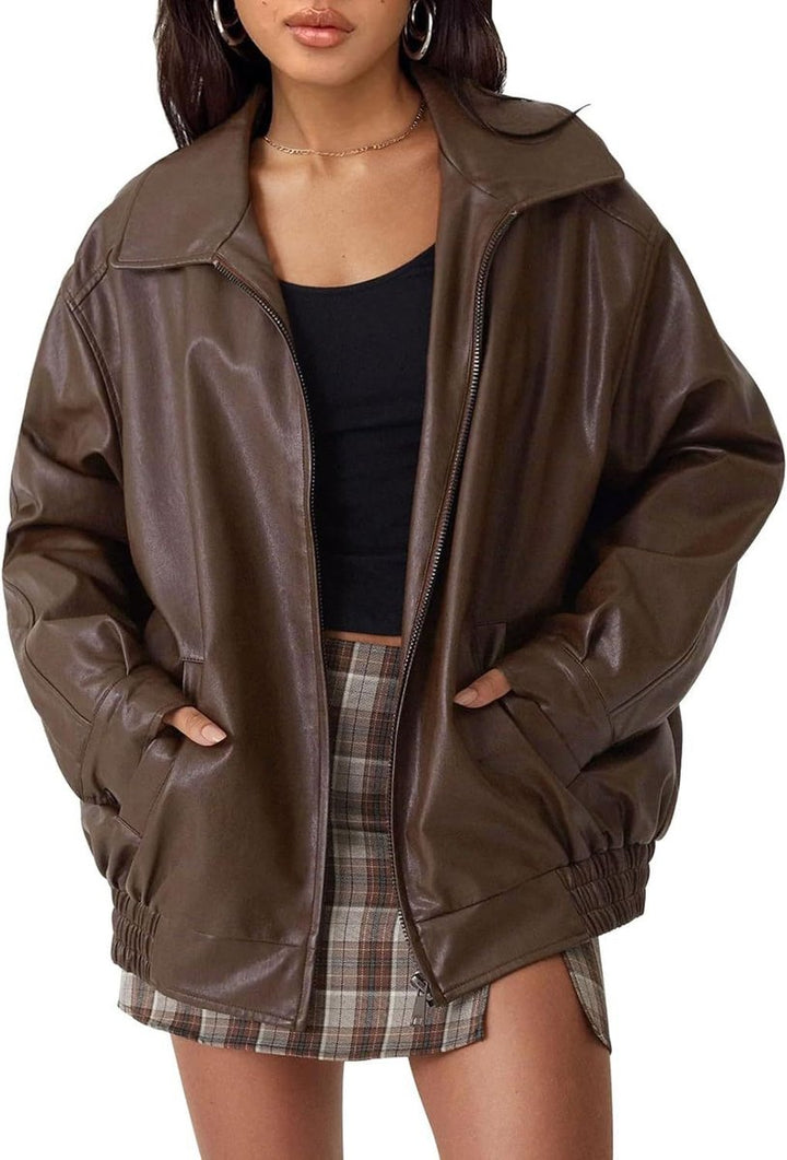 Women's Oversized Faux Leather Bomber Jacket Collared Zip-Up - Dark Brown