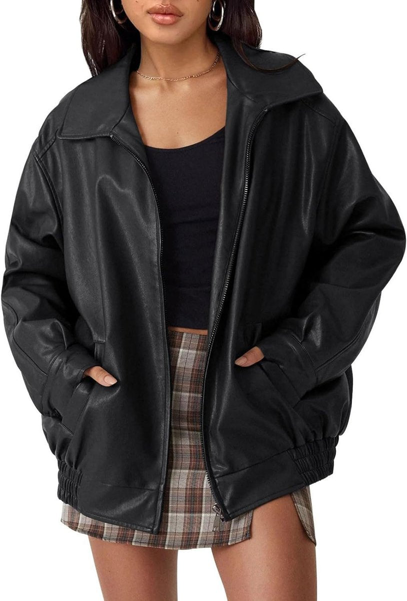 Women's Oversized Faux Leather Bomber Jacket Collared Zip-Up - Black